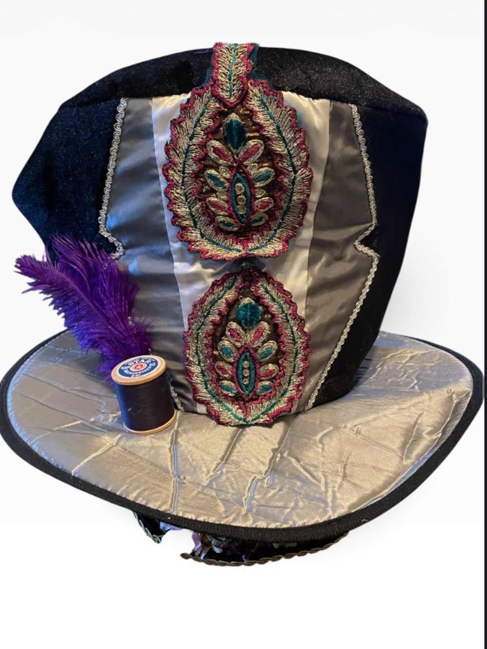 Black and Silver Embroidered Women's Statement Top Hat with Purple Feather